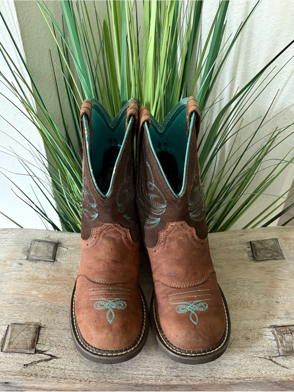 Ariat Fatbaby Cowgirl Brown And Teal Boots - Picture 3 of 12